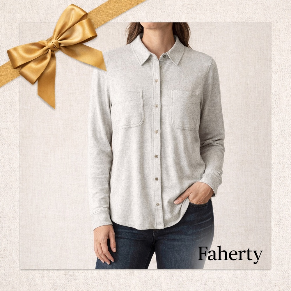 Faherty Button Front Knit Shirt Beige White Large